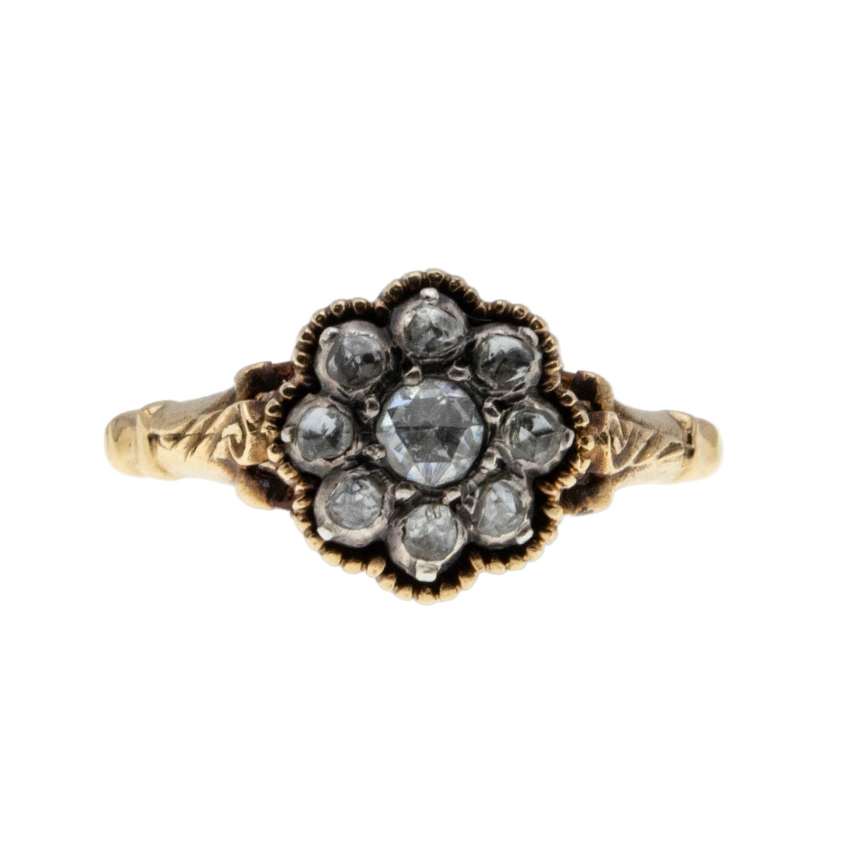 A Moment In Time - Georgian 14K Gold, Silver Natural Dutch Rose Cut Diamond Carved Daisy Cluster Ring (GR033)