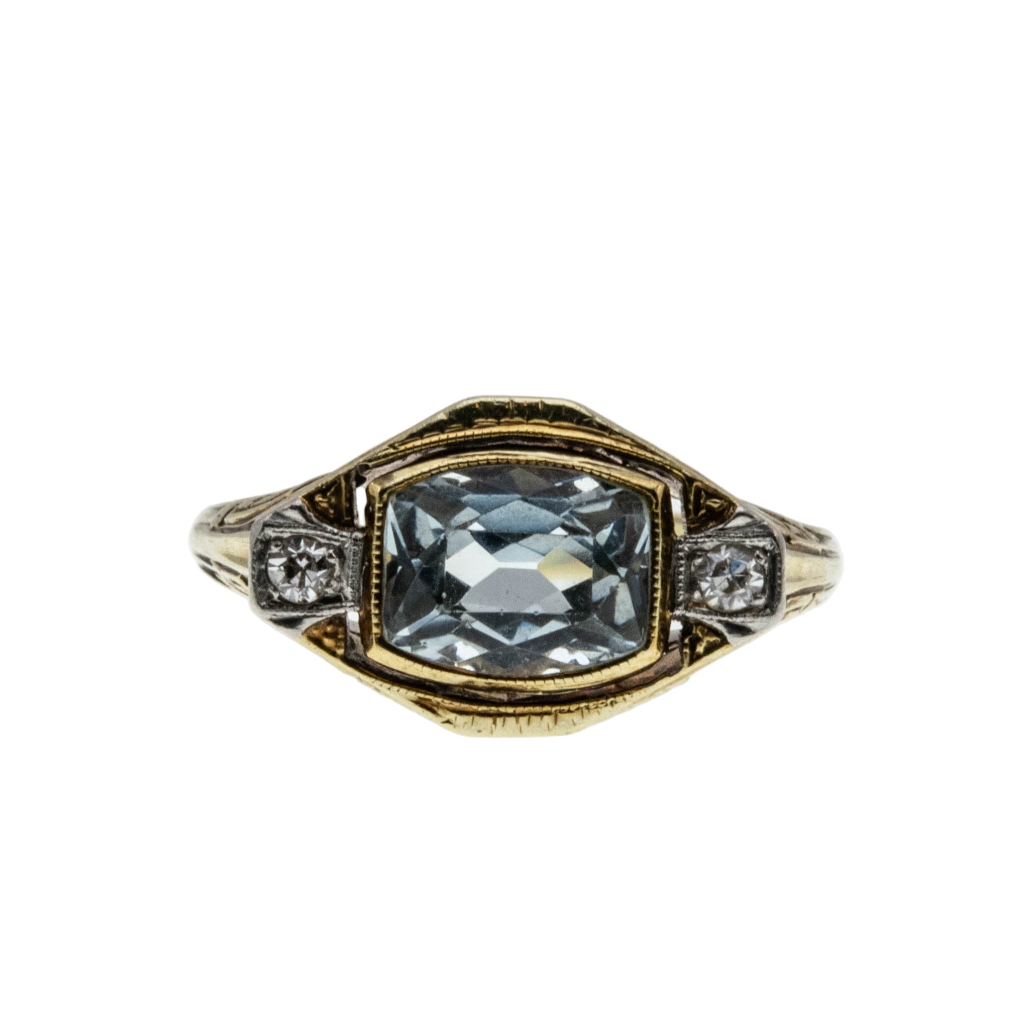Blue Horizon - Edwardian European 14K Gold Natural Aquamarine & 'Old European cut' Diamond Filigree Ring (EDR096)