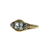 Blue Horizon - Edwardian European 14K Gold Natural Aquamarine & 'Old European cut' Diamond Filigree Ring (EDR096)