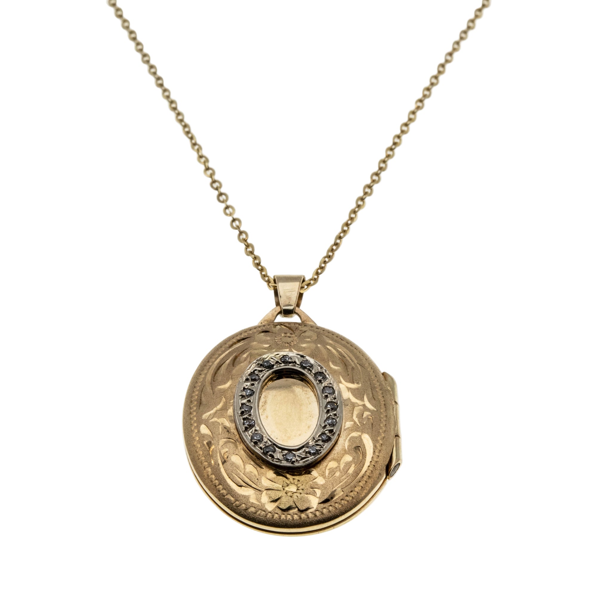 Sparkling Sentiment - Edwardian 14K Gold Natural Diamond Engraved Locket Pendant & 10K Gold Chain (EDP030)
