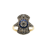 Dream In Deco - Art Deco French 18K Gold Natural Diamond & Blue Sapphire Target Shield Ring (ADR290)