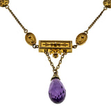 Etruscan Revival - Victorian English 9K/10K/14K Gold Natural Amethyst Briolette Necklace & Screw-Back Earrings Set (VICN060)