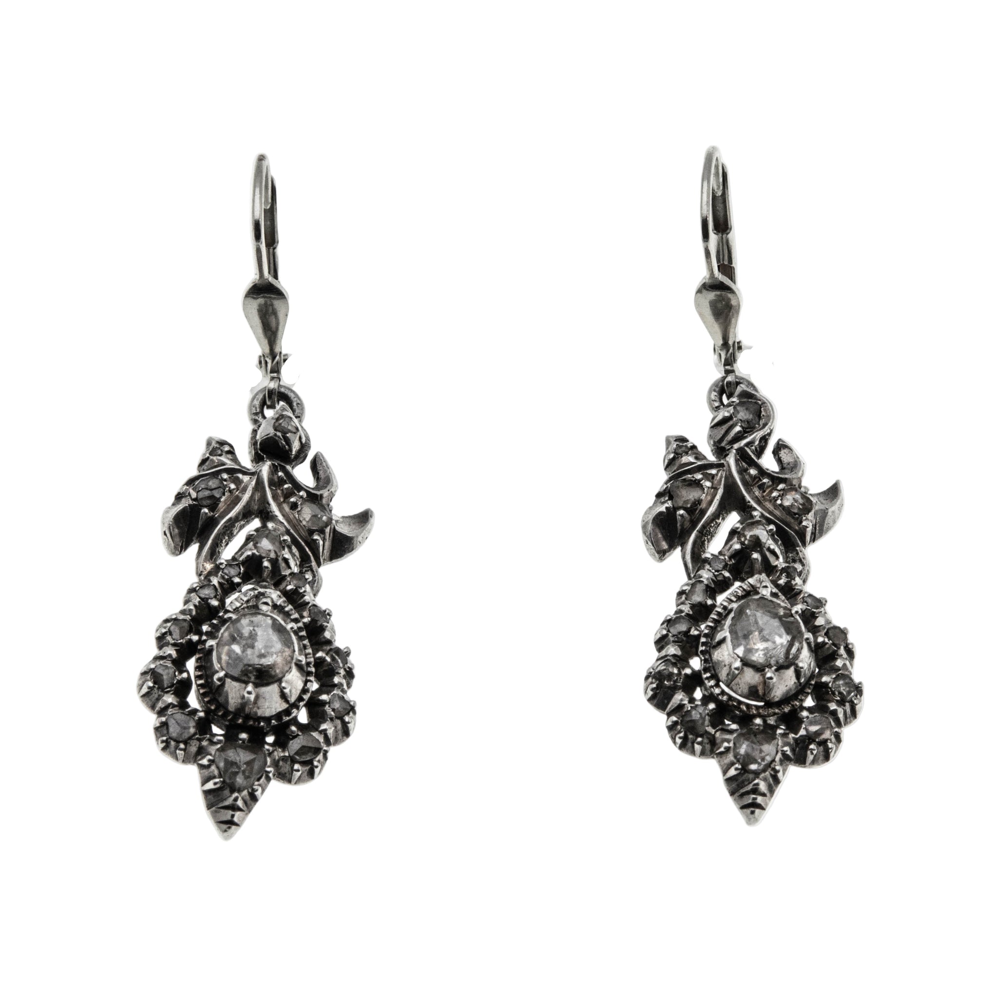 Age Of Elegance - Georgian 18th/19th Century Sterling Silver Natural Rose Cut Diamond Dangly Earrings (GE011)