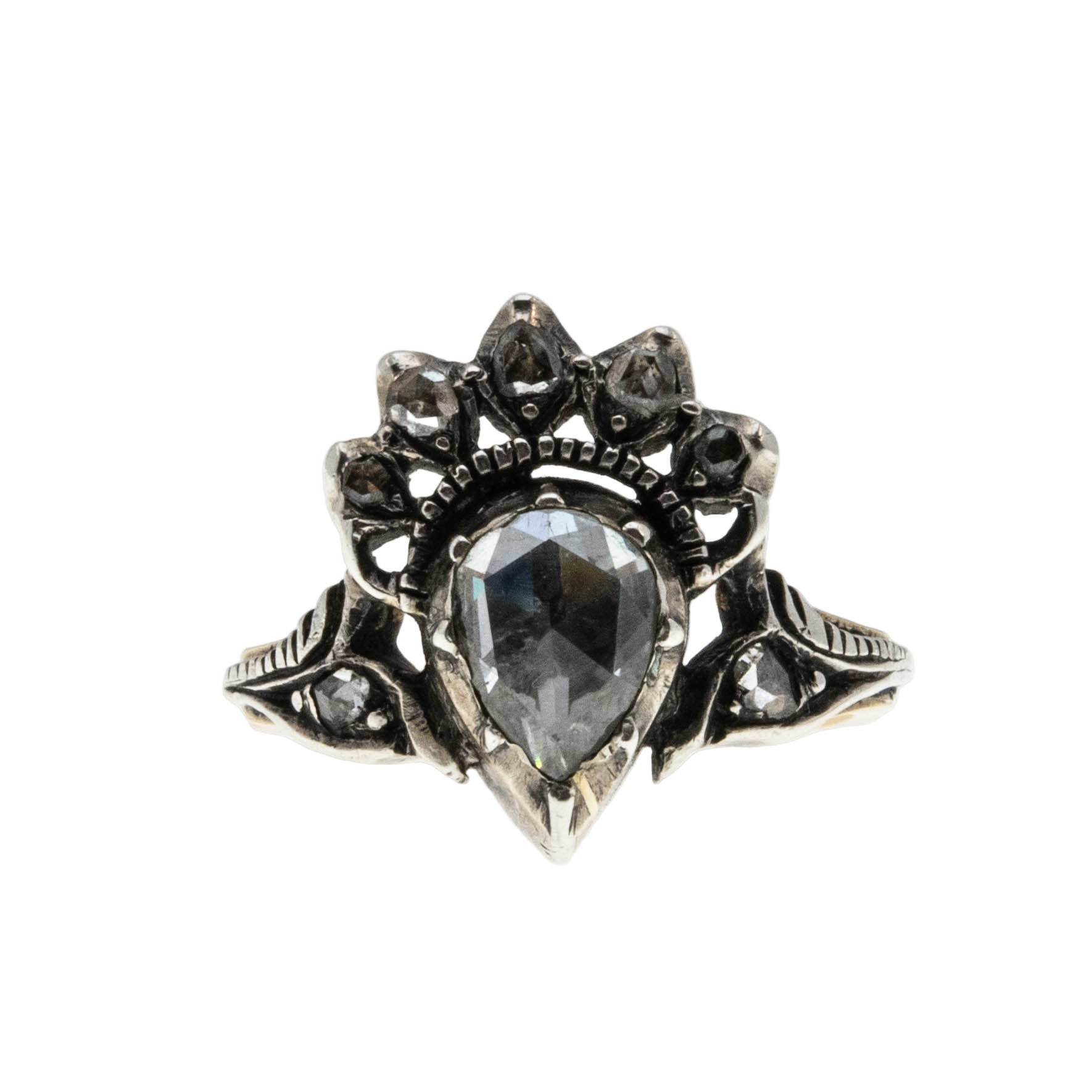 Crowned Heart -  Georgian 18th/19th  Century 14K Gold Silver Natural Rose-Cut Diamond Ring (GR036)