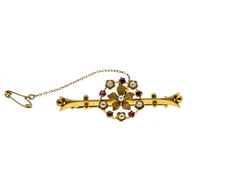 A Promenade in 1908 - Edwardian English 15K Gold Pink Sapphire & Natural Pearl Brooch (EDBR005)