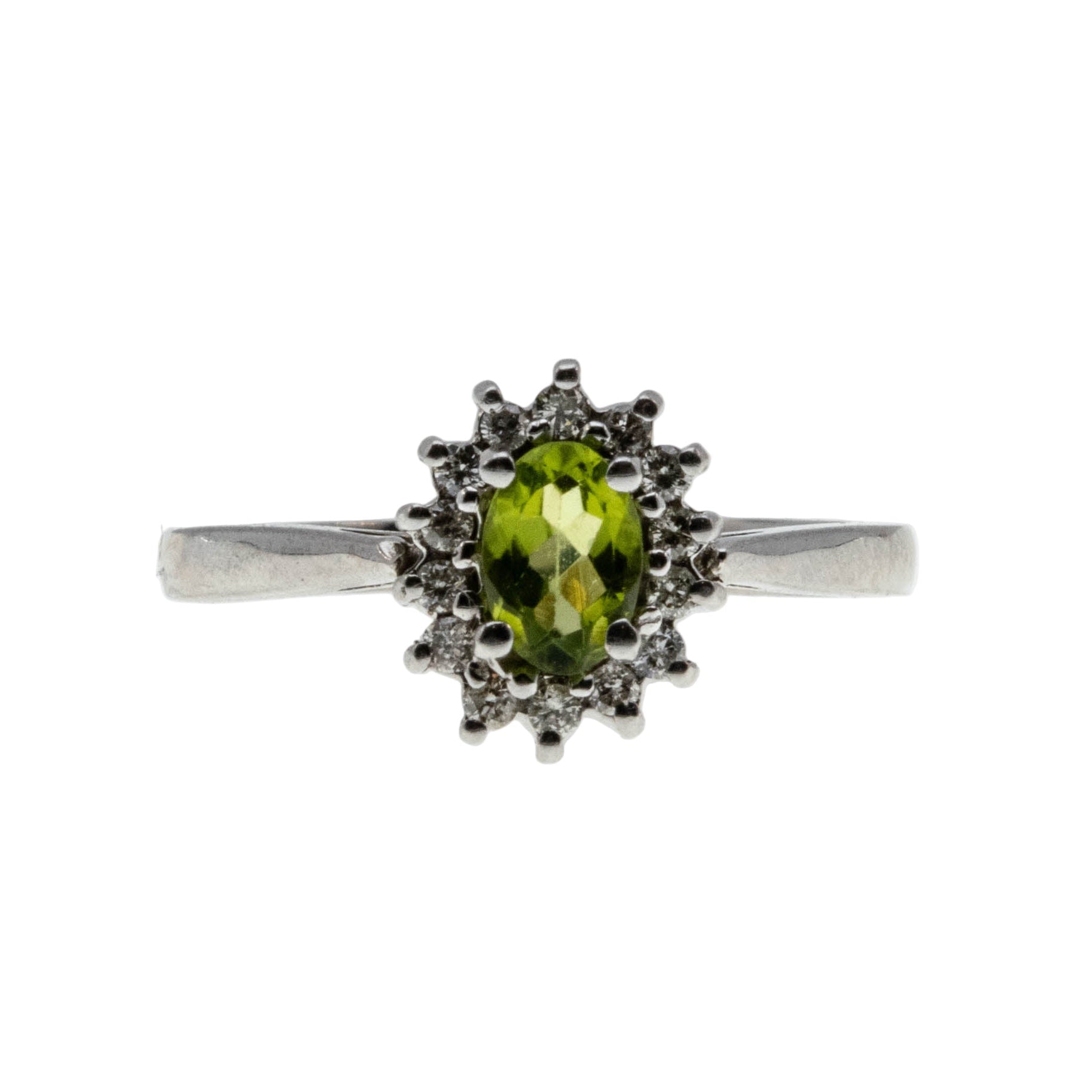 Dew Drops - Vintage 14K White Gold Natural Peridot & Diamond Cluster Ring (VR1047)