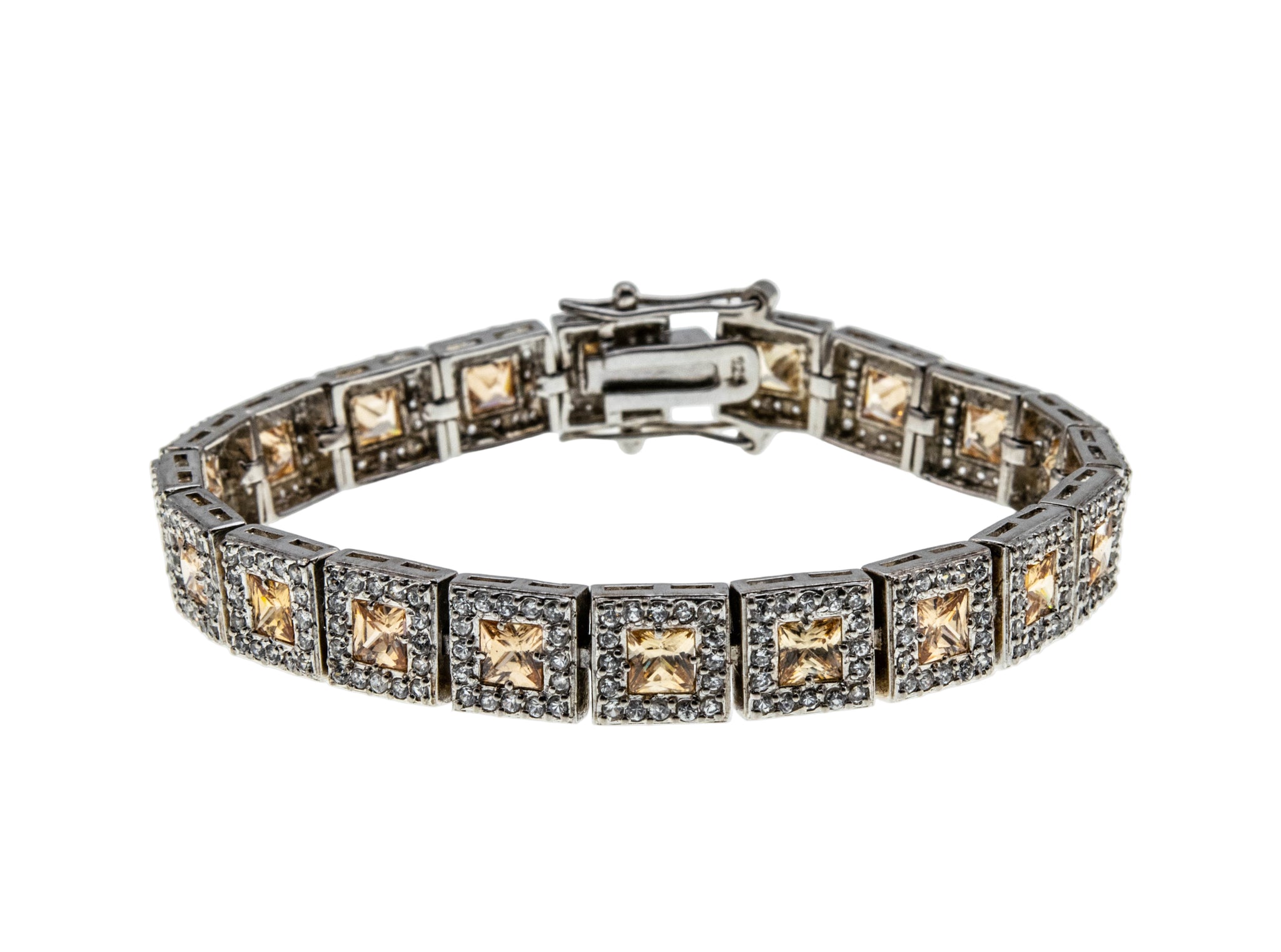 Canary Yellow Adornment - Vintage Sterling Silver Radiant Cut Cubic Zirconia Tennis Bracelet (VB133)