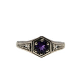 Lavender & Hearts - Estate Sterling Silver Natural Amethyst Engraved Filigree Ring (ER425)