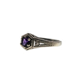 Lavender & Hearts - Estate Sterling Silver Natural Amethyst Engraved Filigree Ring (ER425)