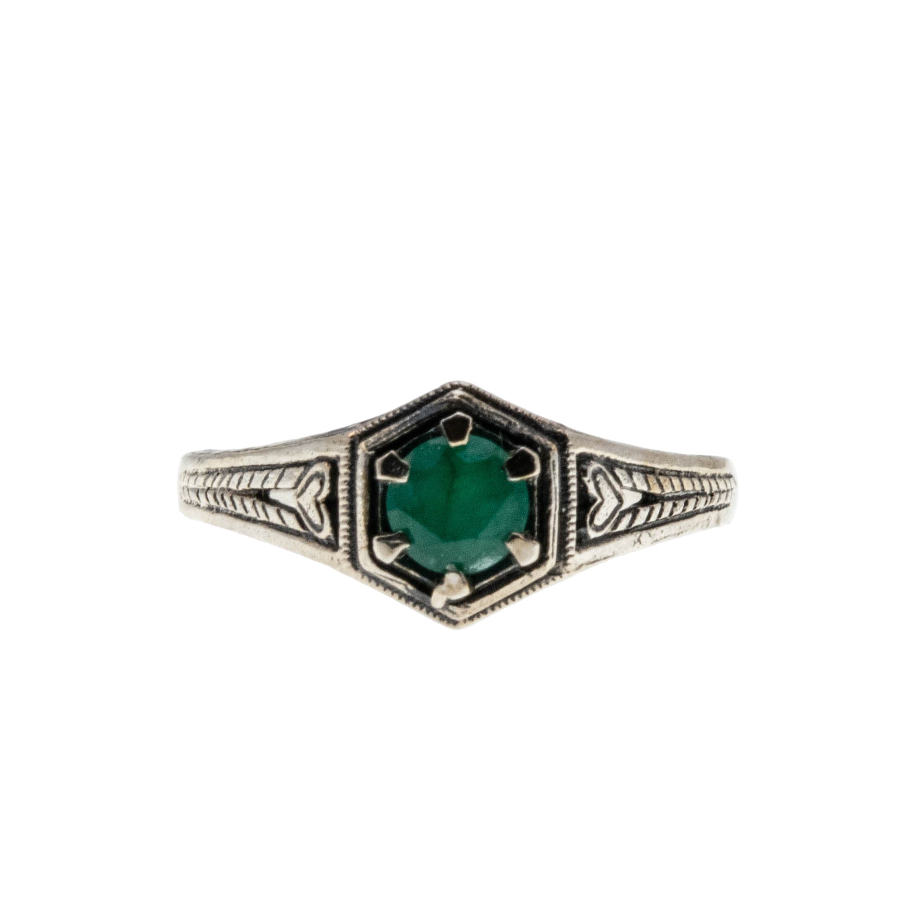 May Birthstone & Hearts - Estate Sterling Silver Natural Emerald Engraved Filigree Ring (ER426)