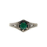 May Birthstone & Hearts - Estate Sterling Silver Natural Emerald Engraved Filigree Ring (ER426)