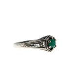 May Birthstone & Hearts - Estate Sterling Silver Natural Emerald Engraved Filigree Ring (ER426)