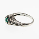 May Birthstone & Hearts - Estate Sterling Silver Natural Emerald Engraved Filigree Ring (ER426)