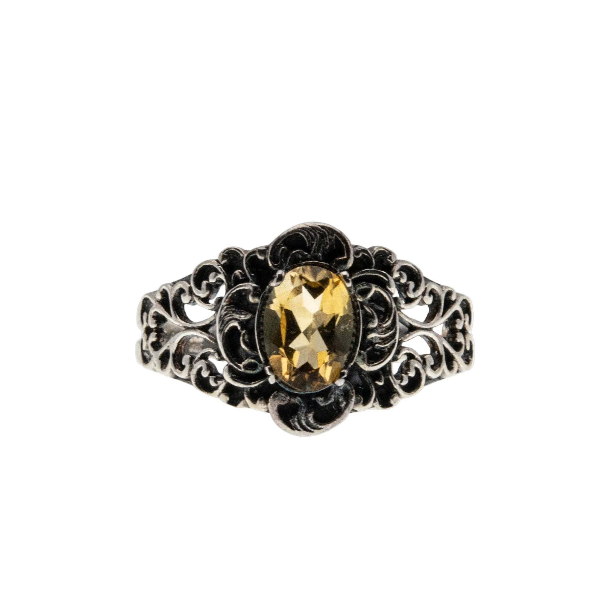Ornate Scrolls - Estate Sterling Silver Natural Citrine Intricate Ring (ER440)