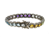 Over The Rainbow - Estate Sterling Silver Multi Gemstone 'Citrine, Peridot, Prasiolite, Amethyst, Blue & White Topaz' Tennis Bracelet (EB026)