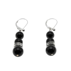 Black & White - Art Deco French Sterling Silver, Black Glass & Crystal Rhinestone Dangly Earrings (ADE039)