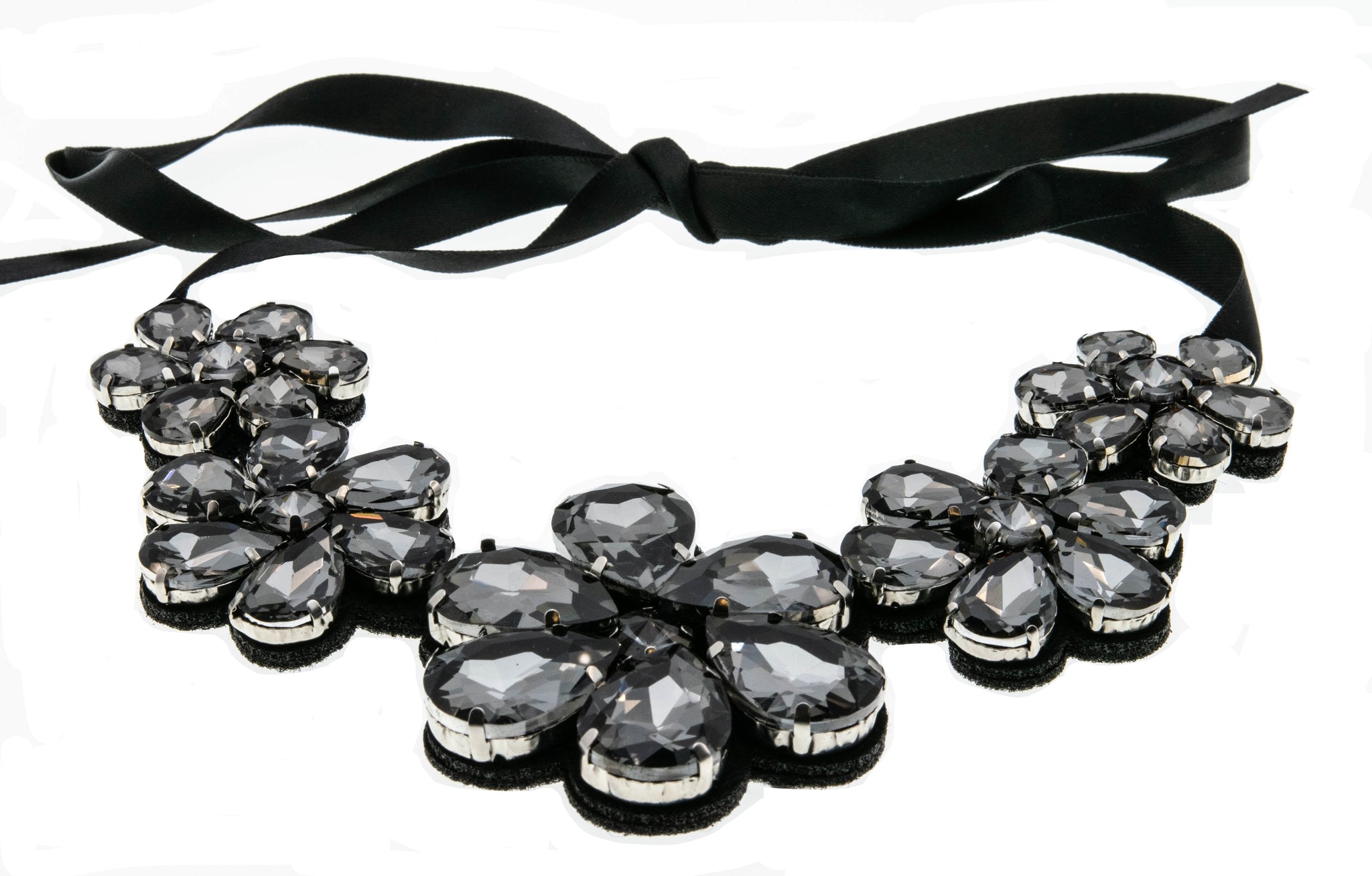 Sparkling Flowers - Estate Silver Toned Metal Crystal Rhinestone Flower Necklace (EN025)