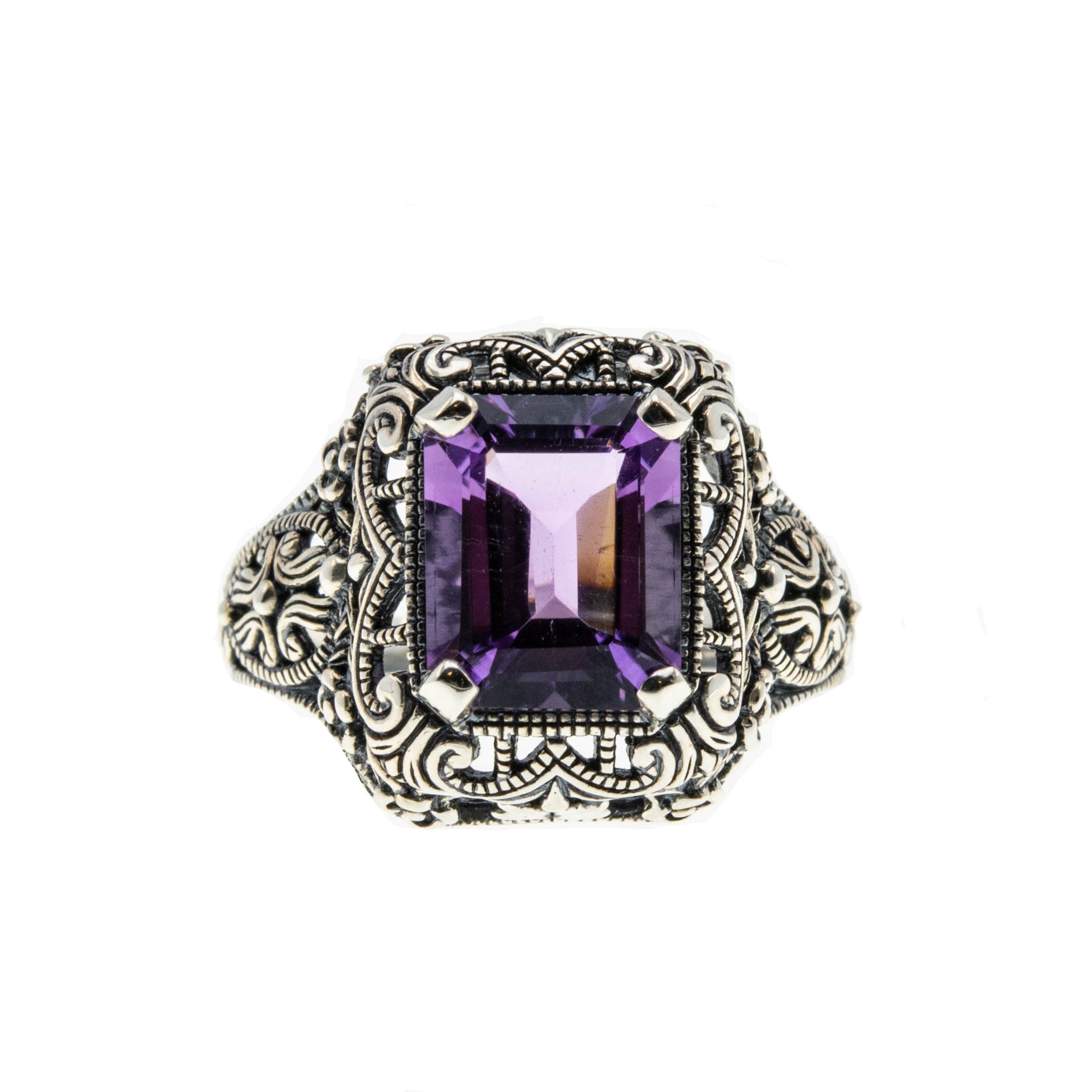 Plums & Violets - Estate Sterling Silver Natural Amethyst Filigree Ring (ER297)
