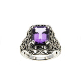 Plums & Violets - Estate Sterling Silver Natural Amethyst Filigree Ring (ER297)