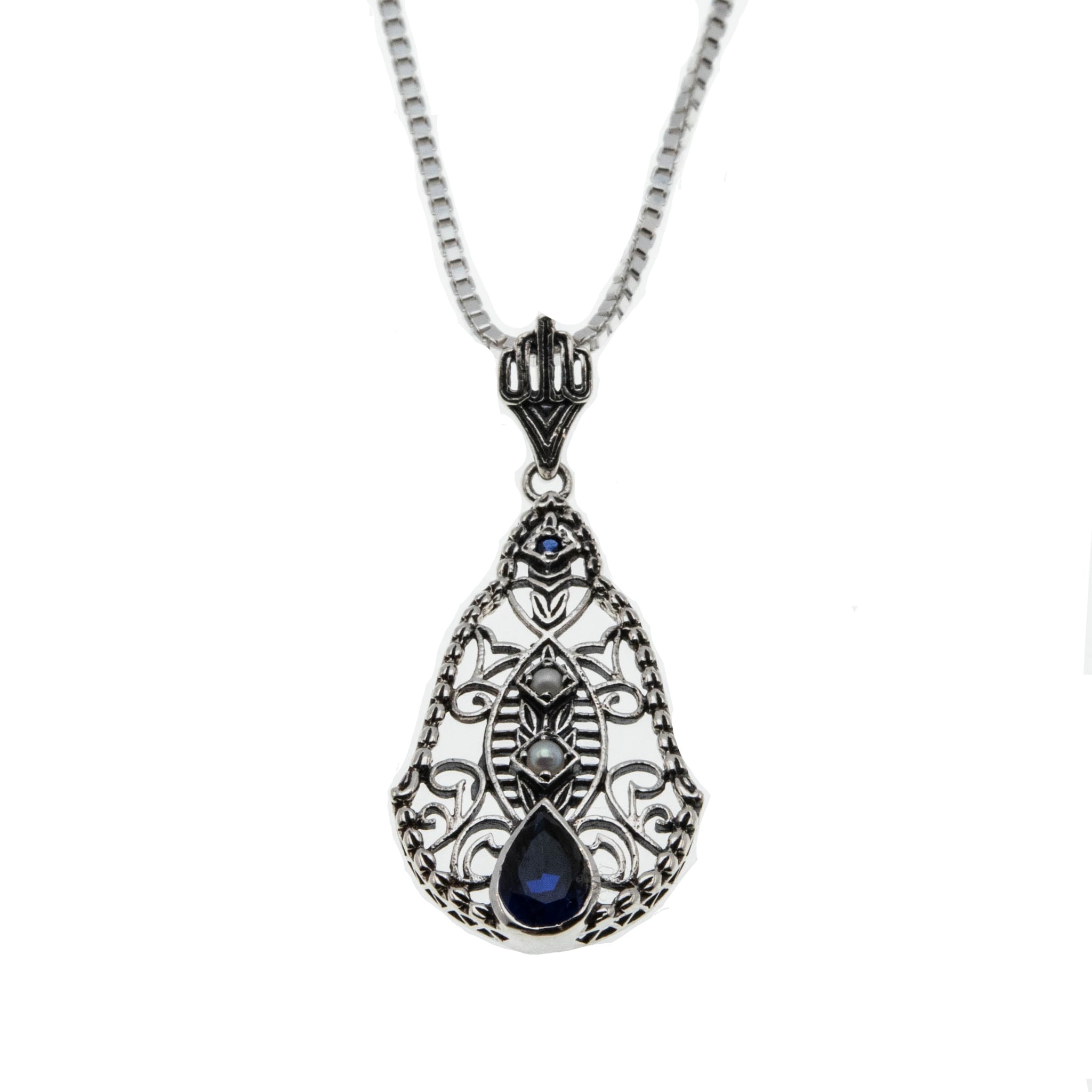 Indigo Jewel - Estate Sterling Silver Blue Sapphire & Pearl Pendant & Chain (EP060)