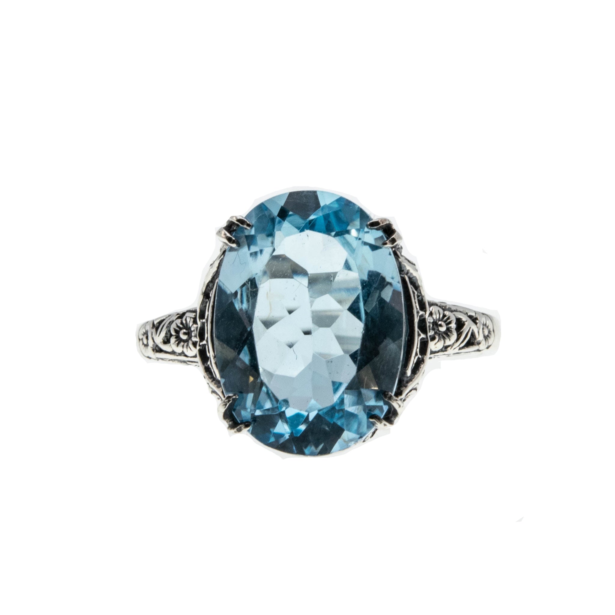 Ocean View - Estate Sterling Silver Natural Blue Topaz Floral Filigree Ring (ER307)