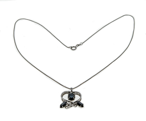 Alaskan Nights - Vintage Sterling Silver Marquise Black Alaskan Diamond Filigree Heart Pendant & Chain ( VP192)