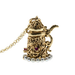 Cheers - Vintage 10K Gold Natural Ruby & Pearl Jewelled Mechanical Beer Stein Pendant & 14K GF Chain (VP284)
