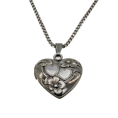 Beloved - Vintage Victorian Revival Sterling Silver Chased 'Heart & Forget-Me-Knot' Heart Locket Pendant & Chain (VP290)