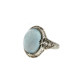 Blue Mist - Art Deco 14K White Gold Natural Aquamarine Cabochon Filigree Ring (ADR244)