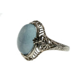 Blue Mist - Art Deco 14K White Gold Natural Aquamarine Cabochon Filigree Ring (ADR244)