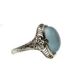 Blue Mist - Art Deco 14K White Gold Natural Aquamarine Cabochon Filigree Ring (ADR244)