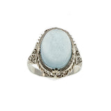 Blue Mist - Art Deco 14K White Gold Natural Aquamarine Cabochon Filigree Ring (ADR244)