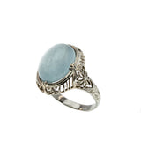 Blue Mist - Art Deco 14K White Gold Natural Aquamarine Cabochon Filigree Ring (ADR244)