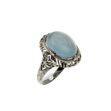 Blue Mist - Art Deco 14K White Gold Natural Aquamarine Cabochon Filigree Ring (ADR244)