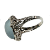 Blue Mist - Art Deco 14K White Gold Natural Aquamarine Cabochon Filigree Ring (ADR244)