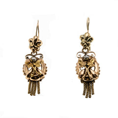 19th Century Beauties - Victorian 14K Gold Natural Pearl Foliage & Fleur De Lis Tassel Dangly Earrings (VICE044)