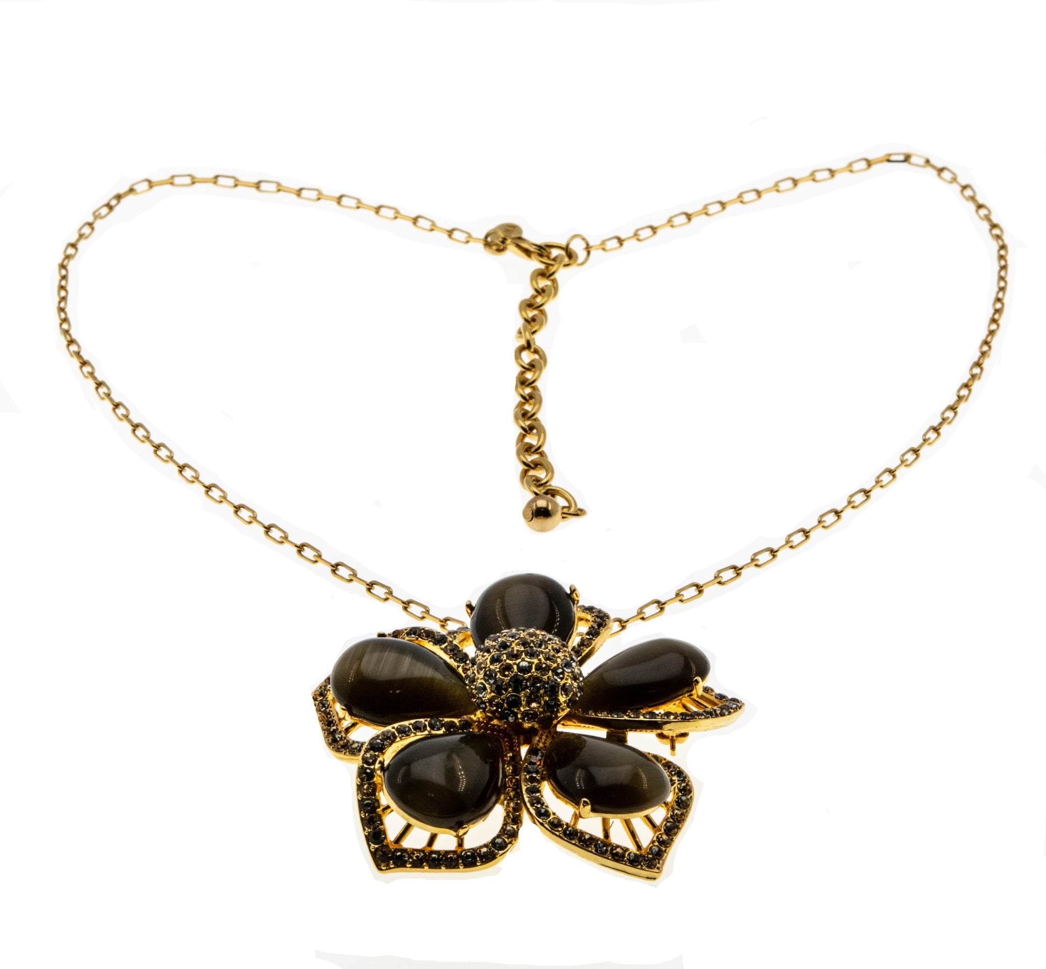 Golden Flower -  Estate Signed 'Joan Rivers' Gold Plate Glass Tiger Eye & Crystal Rhine Stone Pendant/Brooch (EP064)