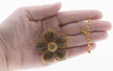 Golden Flower -  Estate Signed 'Joan Rivers' Gold Plate Glass Tiger Eye & Crystal Rhine Stone Pendant/Brooch (EP064)