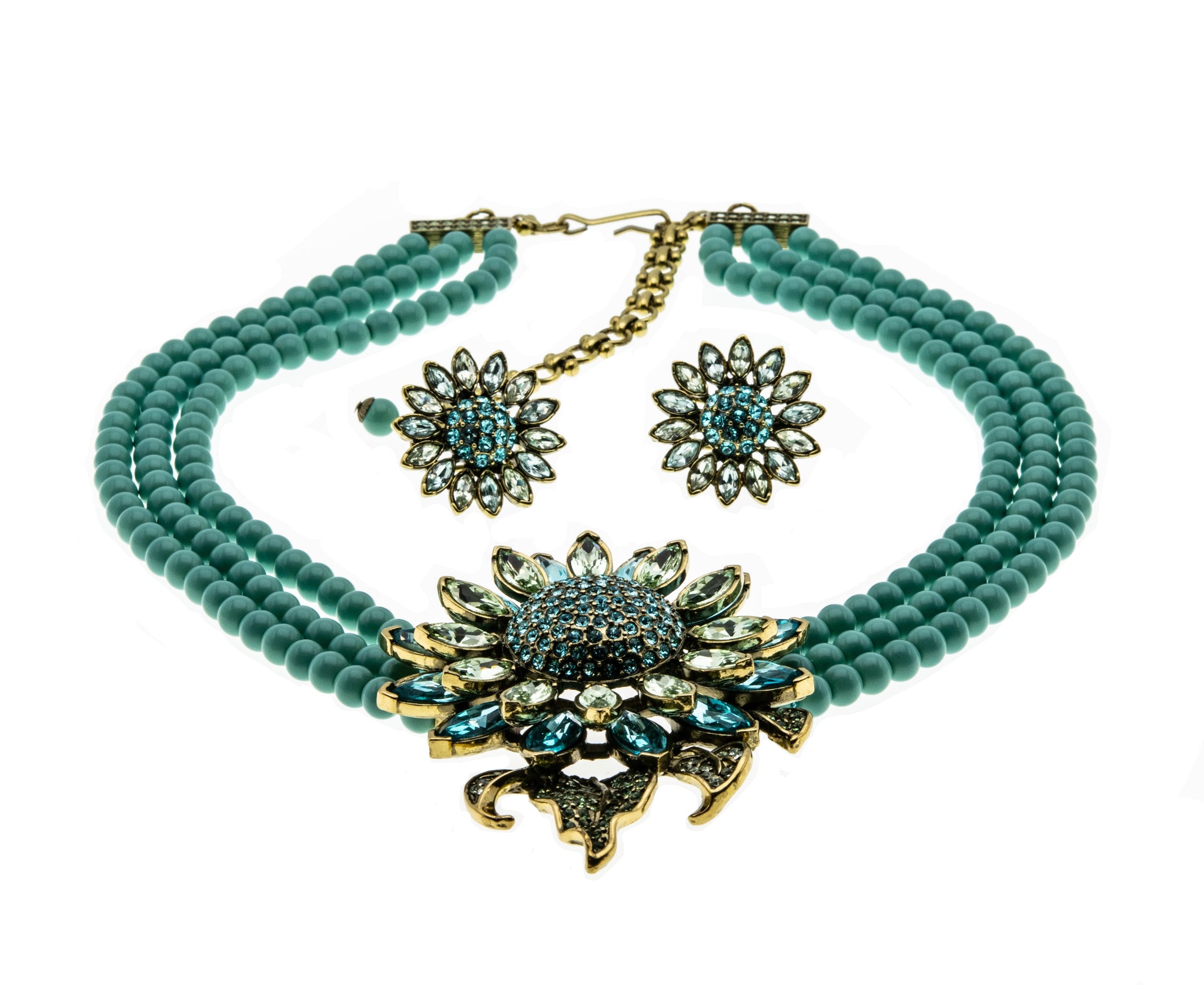 Full Bloom - Vintage Signed 'Heidi Daus' Bronze Toned Metal Austrian Swarovski Crystal Rhinestone & Faux Turquoise Necklace & Earring Set (VN178)