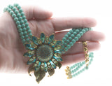 Full Bloom - Vintage Signed 'Heidi Daus' Bronze Toned Metal Austrian Swarovski Crystal Rhinestone & Faux Turquoise Necklace & Earring Set (VN178)