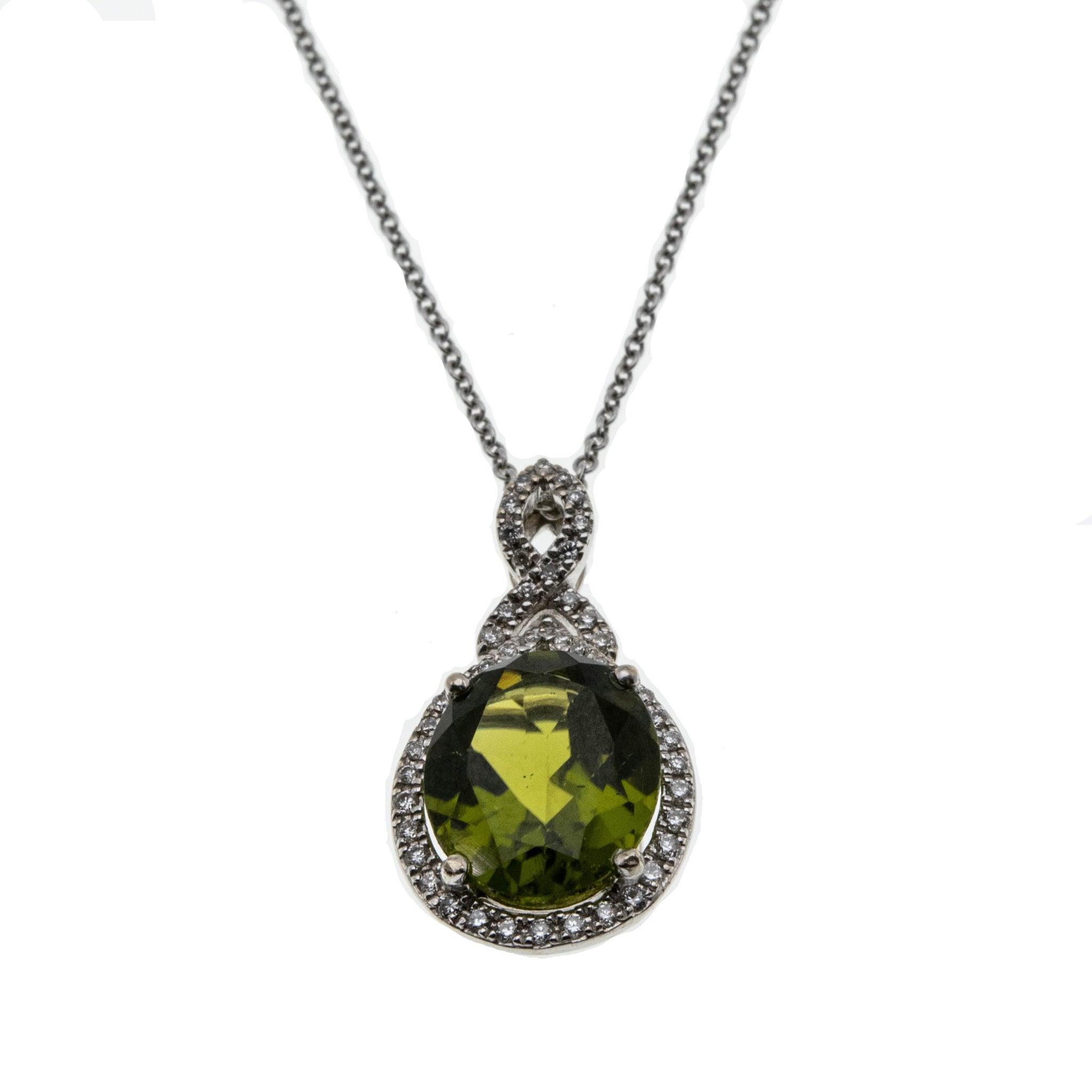Green Elegance - Estate 14K White Gold Natural Peridot & Diamond Pendant & Chain (EP068)