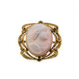 Portrait of A Goddess - Victorian Signed 10K Gold Carved Angel Skin Coral Cameo & Natural Pearl Brooch (VICBR026)