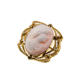 Portrait of A Goddess - Victorian Signed 10K Gold Carved Angel Skin Coral Cameo & Natural Pearl Brooch (VICBR026)