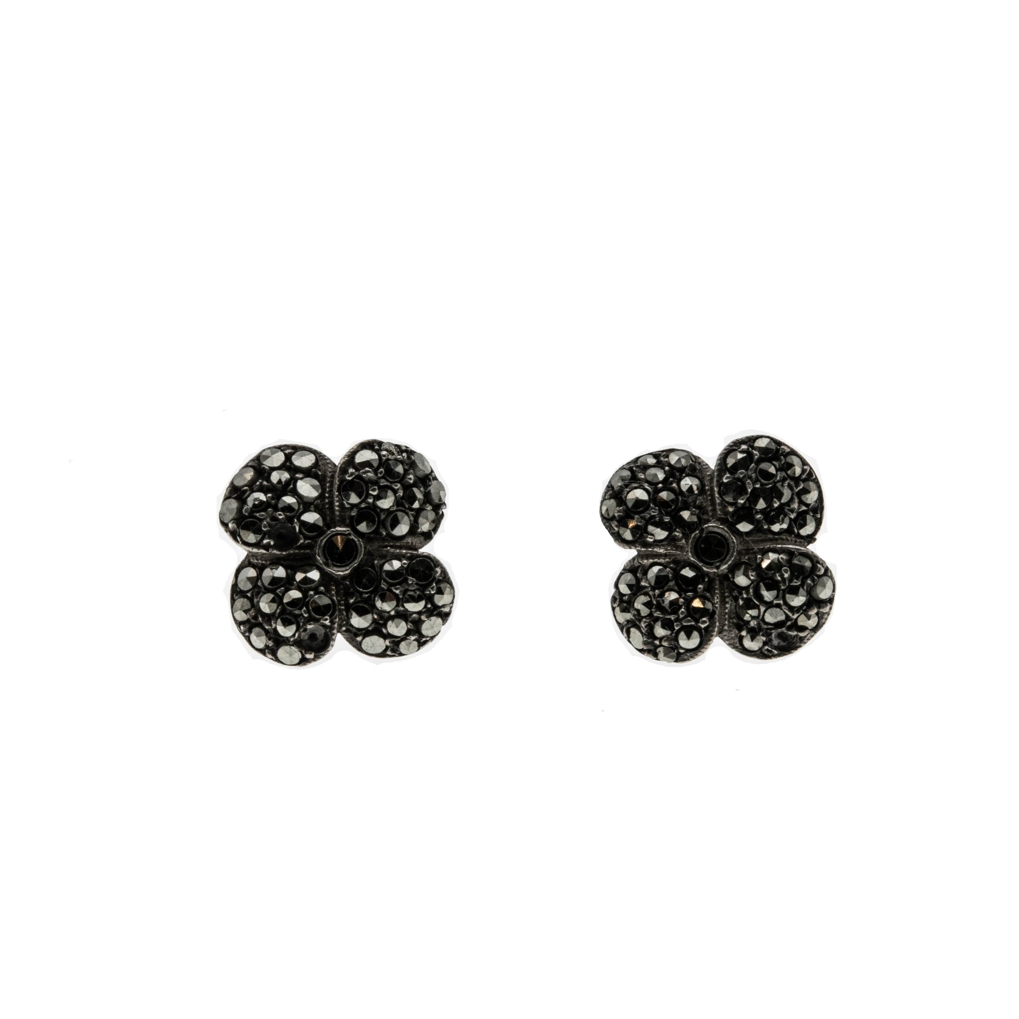 Petites Fleurs - Art Deco Sterling Silver Rose Cut Marcasite Flower Stud Earrings (ADE036)