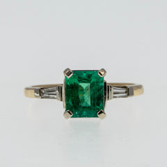 Emerald City - Vintage 14K Gold Natural Emerald & Baguette Diamond Ring (VR1142)