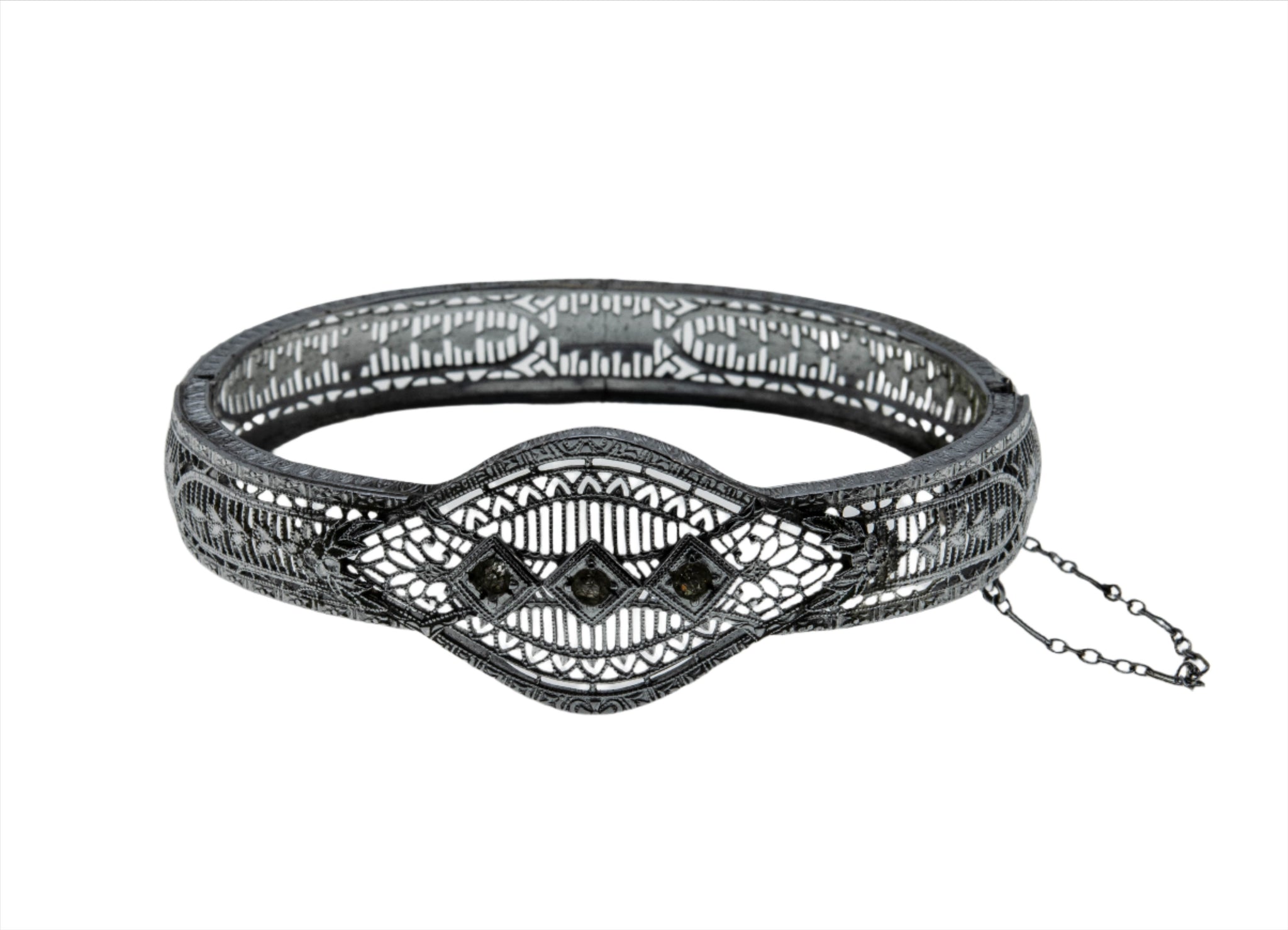 Jewels & Lace - Art Deco Rhodium Plated Paste Filigree Bangle Bracelet (ADB017)