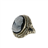 Drama Queen - Art Deco 14K White Gold Black & White Molded Glass Cameo, Natural Seed Pearl Filigree Ring (ADR251)