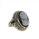 Drama Queen - Art Deco 14K White Gold Black & White Molded Glass Cameo, Natural Seed Pearl Filigree Ring (ADR251)