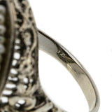 Drama Queen - Art Deco 14K White Gold Black & White Molded Glass Cameo, Natural Seed Pearl Filigree Ring (ADR251)