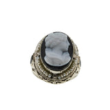 Drama Queen - Art Deco 14K White Gold Black & White Molded Glass Cameo, Natural Seed Pearl Filigree Ring (ADR251)